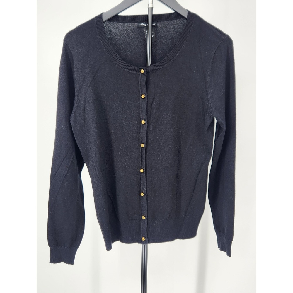 Audrey & Grace Black Button Front Cardigan Gold Buttons Crew Neck Sweater Size M